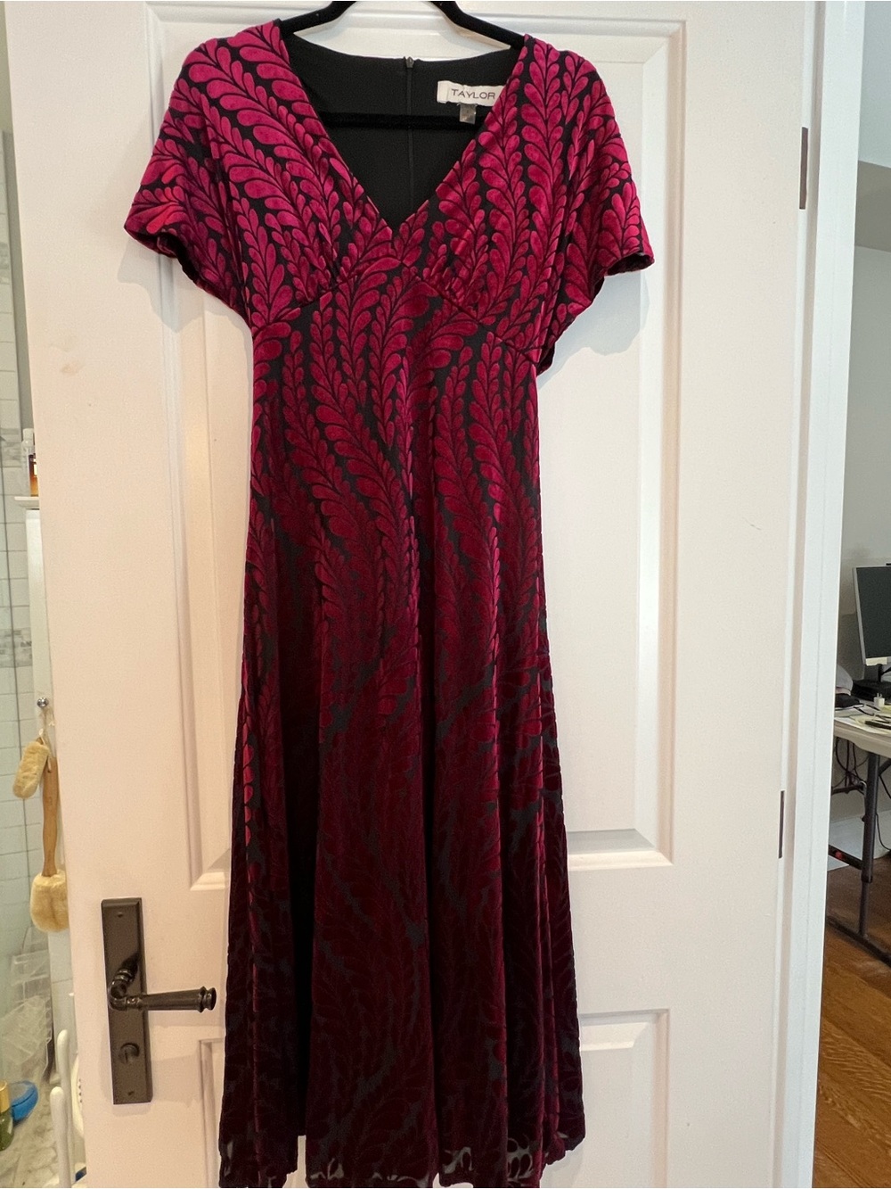 Ann Taylor Fuchsia and Black Velvet Burnout Maxi Dress with Leaf Motif